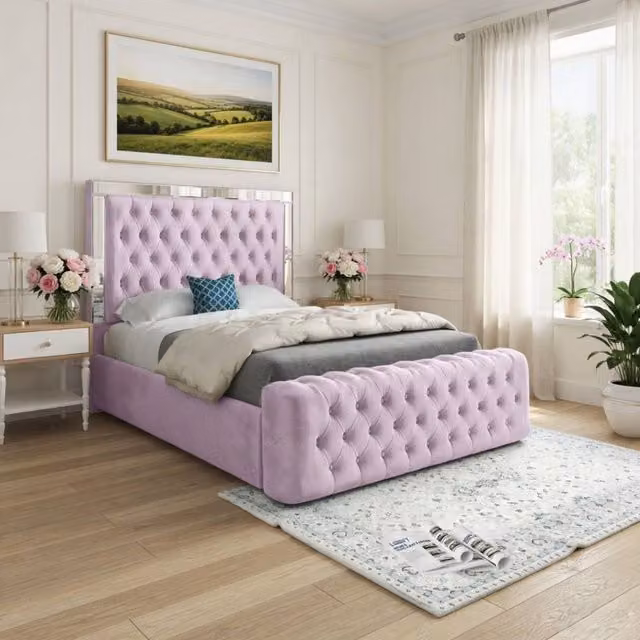 KDMD Wimborne Single Mirror Upholstered Bed Frame in Pink Soft Velvet with Silver Details, W/D/H: 90 x 200 x 137 cm