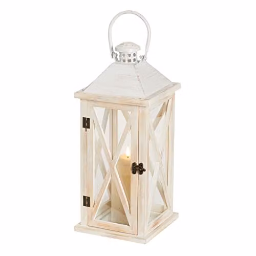 Lights4fun Set of 2 White Rustic Wooden Tabletop Lanterns with Battery Operated LED Pillar Candles and Flicker Effect – 2