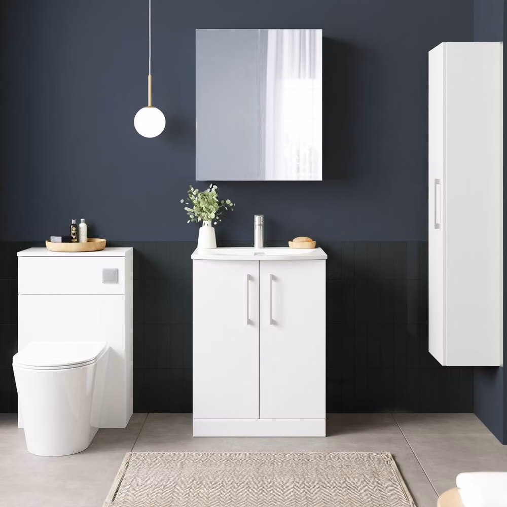 Balterley White Glossy Floor Standing Bathroom Vanity Unit with Rectangular Basin and Soft Close 2 Doors, W: 61.0 cm – 2