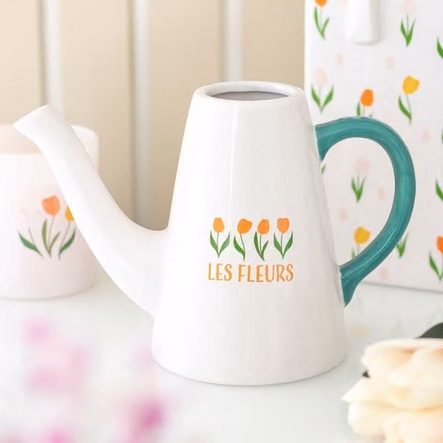 Kingsbury Gifts Les Fleurs Tulip Ceramic Watering Can with Long Spout, White