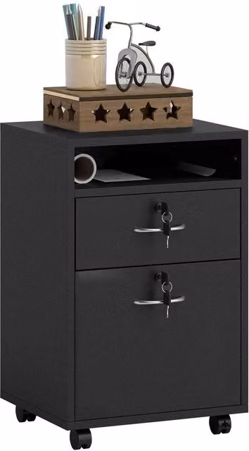 Rolipo Lockable 2-Drawer Filing Cabinet and Printer Stand with Open Shelf in Black