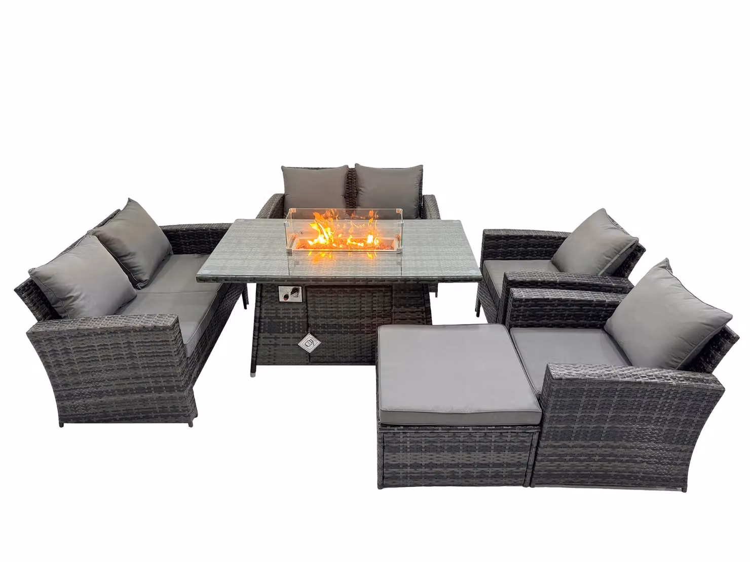 Fimous 7 Seater Rattan Outdoor Dining Set with Rectangular Gas Fire Pit Table and Sofa in Dark Grey – 2