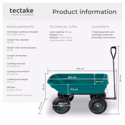 tectake Garden Cart with 52L Tilting Function and Steel Frame in Green, 120 kg Capacity – 6