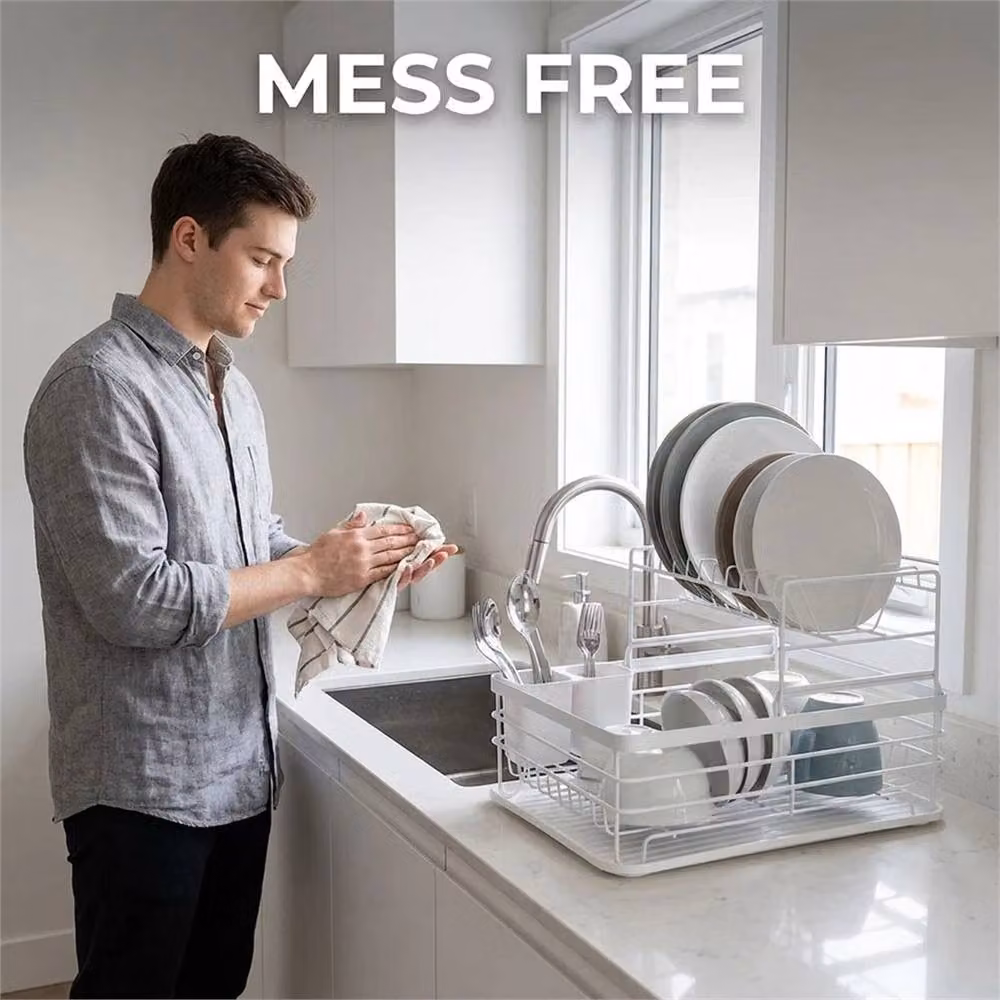 EONLION 2-Tier White Kitchen Sink Dish Drainer Rack with Drip Tray – 3