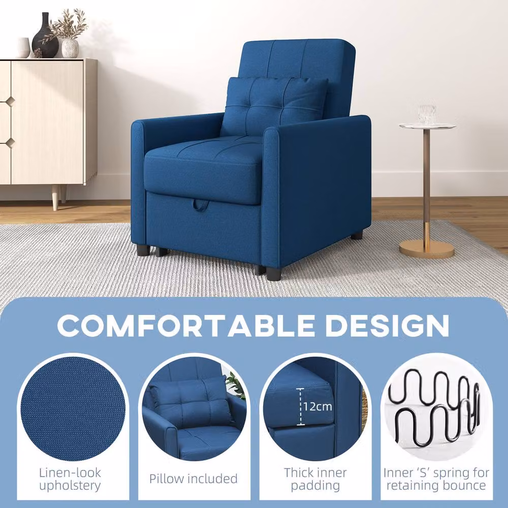 STILVORA Blue Fabric Single Chair Bed with Three-Position Back and Armrests – 5