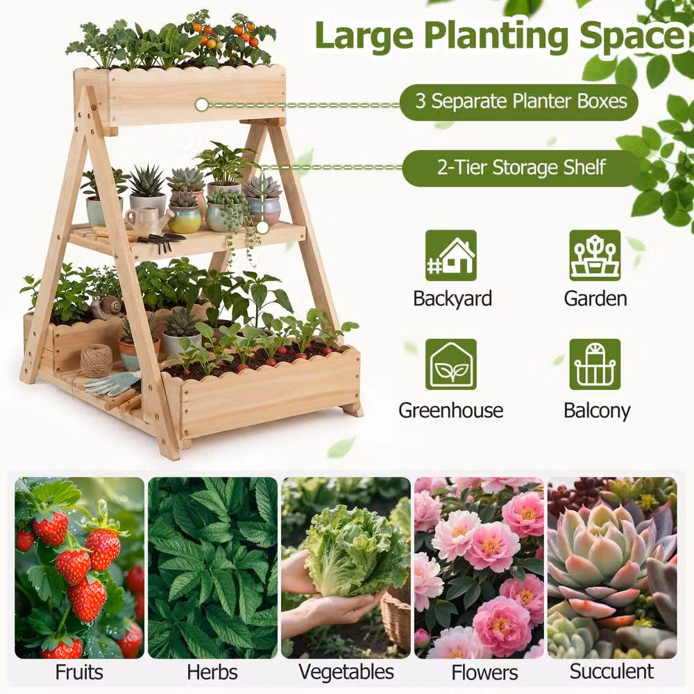 Costway 3-Tier Wooden Raised Garden Bed with 3 Planter Boxes in Natural Brown – 6