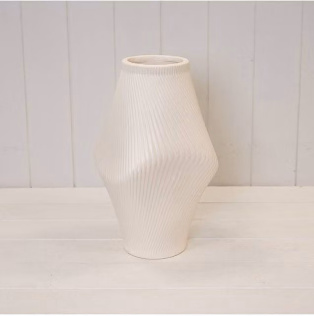 KDMD Modern Beige Sculptural Ribbed Ceramic Vase in Off-White
