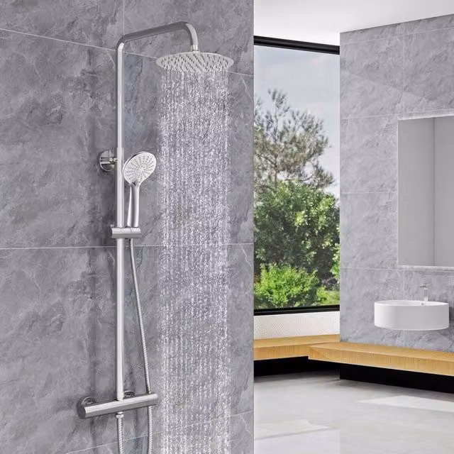 NESTLUNE R-08B Thermostatic Twin Head Shower Mixer Set with Hand Shower and Overhead Shower in Silver and Chrome – 1