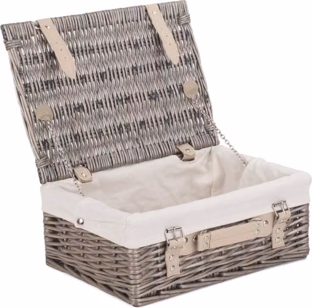 Red Wicker Picnic Basket with White Cotton Lining, Antique Wash, Diameter: 36 cm