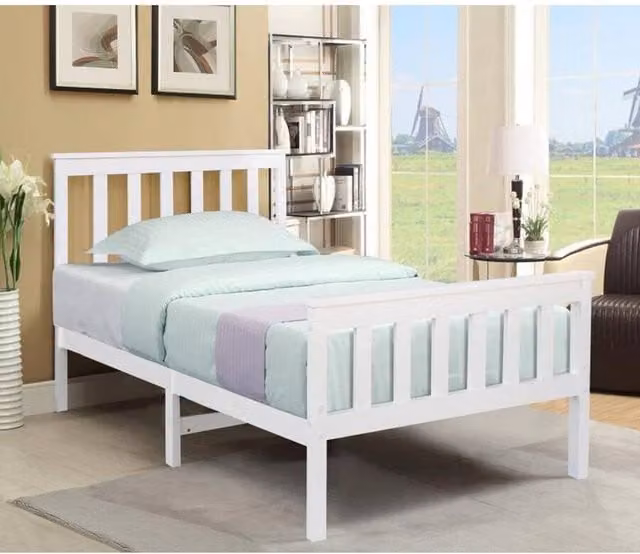 Flavora Solid Wood Shaker Style Single Bed in White, W/D/H: 90 x 200 cm