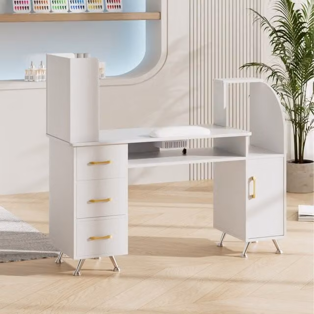 Komore Modern White and Gold Metal Nail Table with Electric Dust Collector and Multiple Shelves