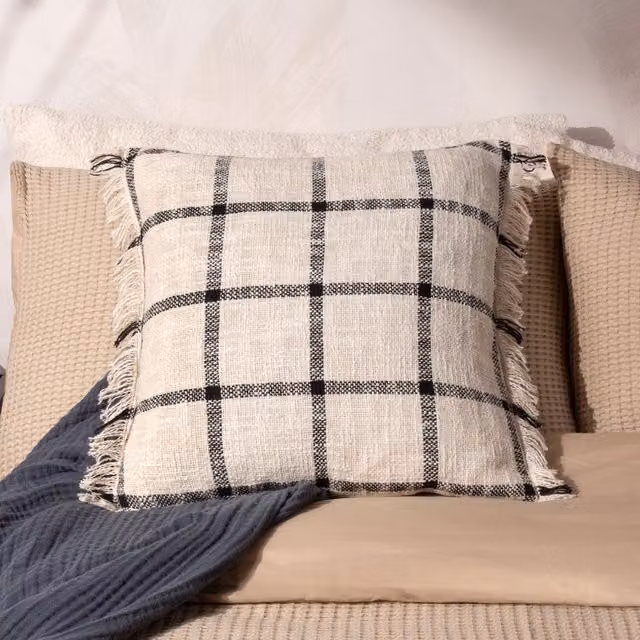 Yard Beni Checked Cotton Fringed Cushion in Black and Beige, W/D/H: 45 x 45 x 45 cm – 3