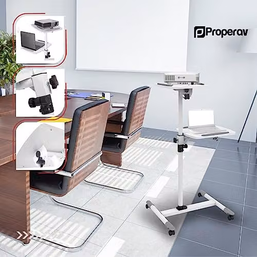 Properav Mobile Desk Workstation and Projector Trolley in White, Height Adjustable 85-110 cm, 10 kg Capacity – 3