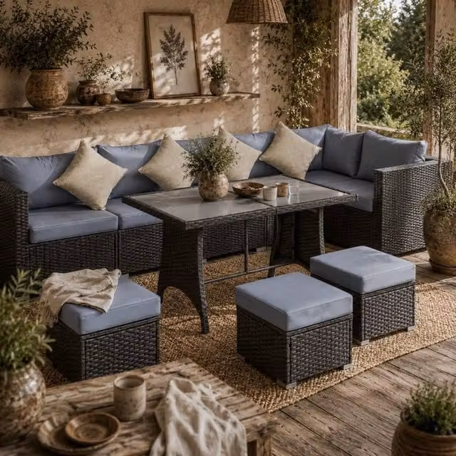 Wyld Haus Vihatta 9 Seater Grey Rattan Corner Dining Sofa Set – 1