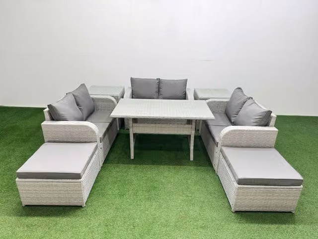 Fimous 8 Seater PE Wicker Rattan Garden Furniture Set in Light Grey with Rectangular Glass Dining Table, 2 Seater Love Sofa, 2 Footstools and 2 Side Tables