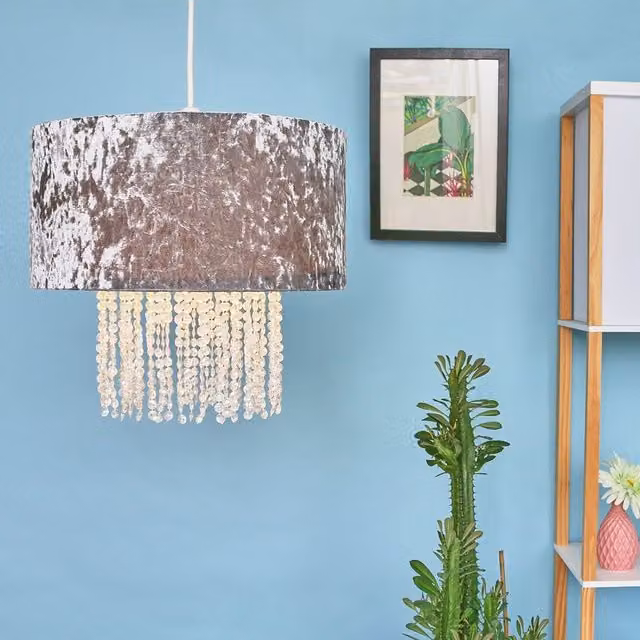 ValueLights Boland Pair of Silver and Grey Crystal and Fabric Ceiling Pendant Droplet Shades – 1