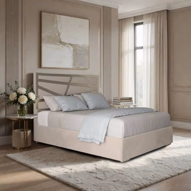 KDMD Fremington Upholstered Soft Velvet Designer Bed Frame in Beige, W/D/H: 200 x 189 x 127 cm