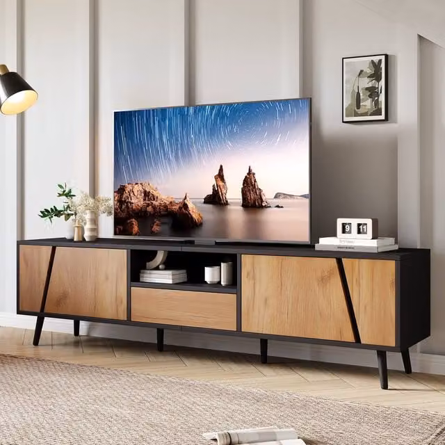 Merax Modern Black Wood TV Stand with Geometric Asymmetric Doors and Push-to-Open Drawer, W: 180 cm, D: 40 cm, H: 46 cm