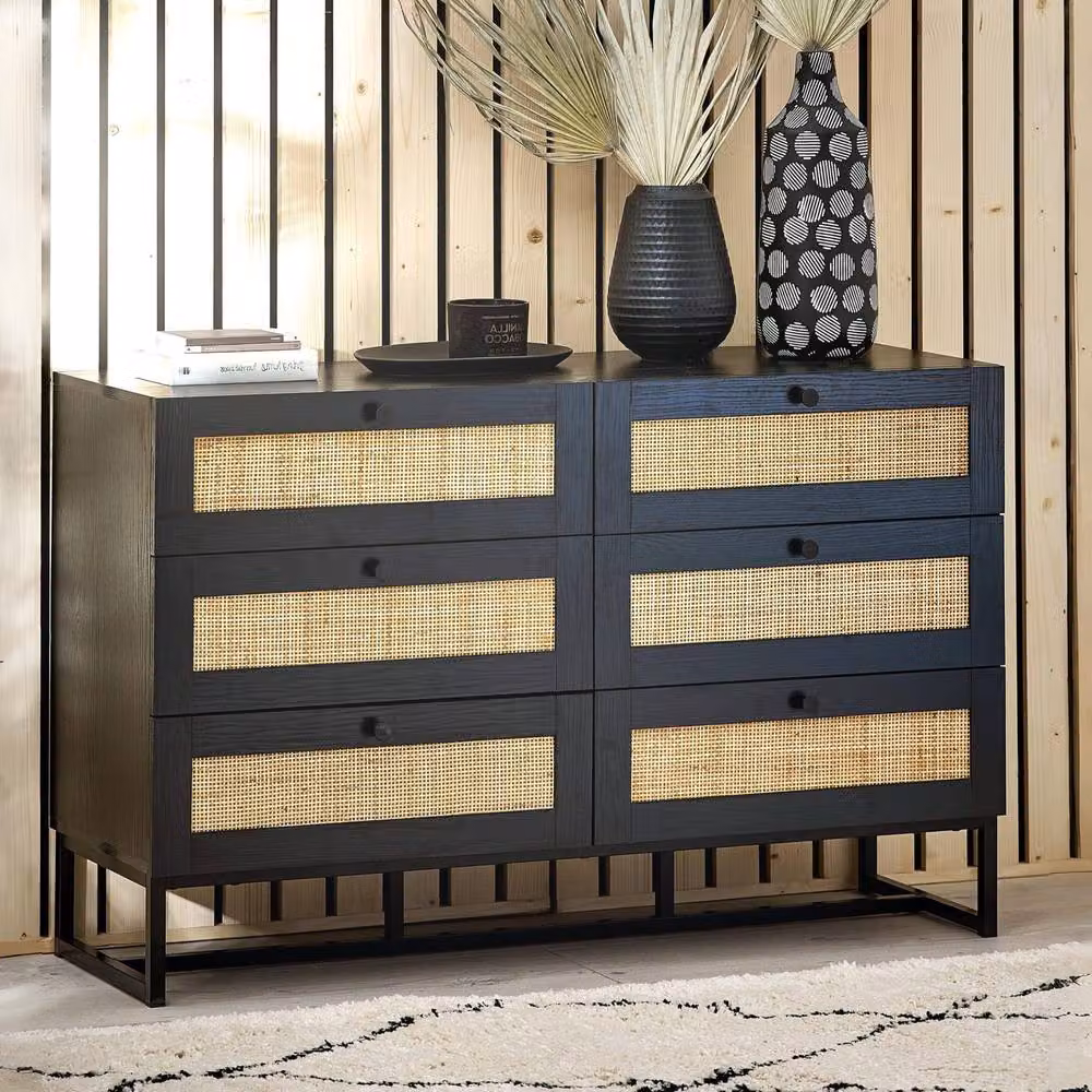 Cheshire Premium Trelawny 6 Drawer Chest in Black with Rattan Details, W/D/H: 120 x 75 x 40 cm – 2