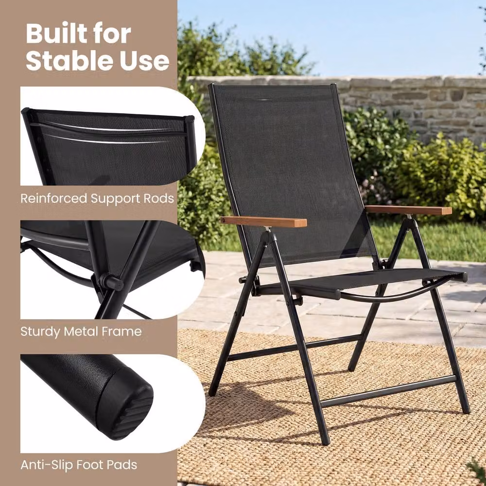 Costway Set of 2 Black Folding Patio Chairs with Breathable Fabric and Metal Frame – 5