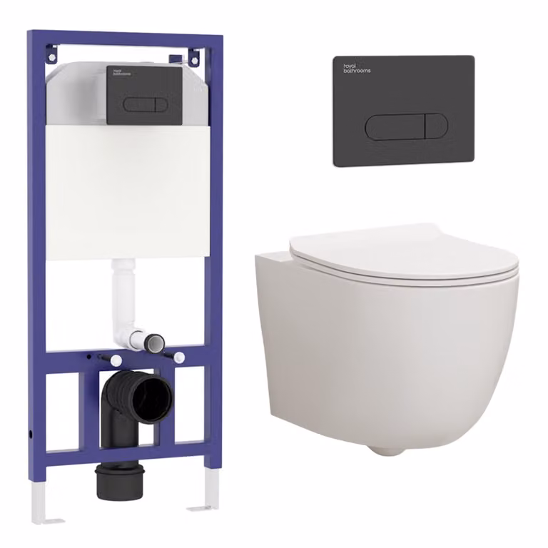 Royal Bathrooms Elva White Ceramic Wall Hung Rimless Toilet with Slim Soft Close Seat and Aqua Black Plate Wall Hung Frame