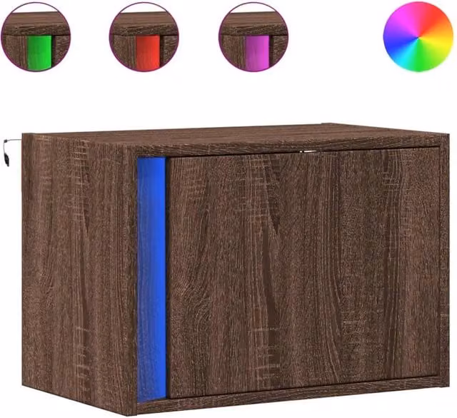 Berkfield Home Wall-mounted Bedside Cabinet with Integrated LED Lights in Brown Oak – 1