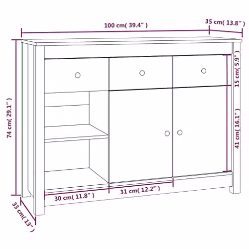 vidaXL Solid Wood Pine Sideboard in Honey Brown, W/D/H: 100 x 35 x 74 cm – 3