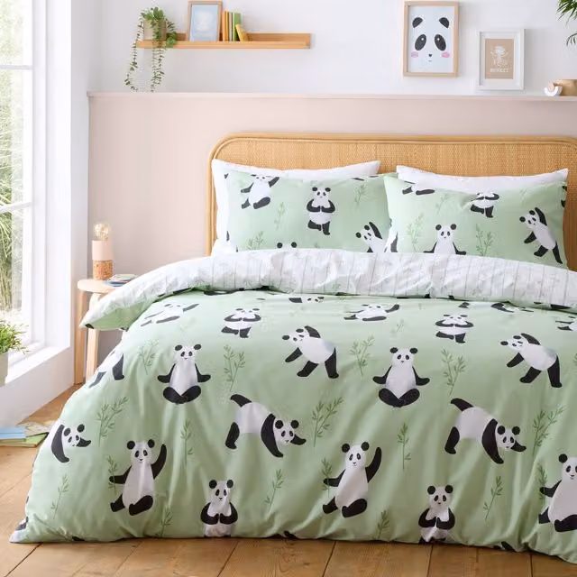 Catherine Lansfield Panda Paws Reversible Green Childrens Duvet Cover Bedding Set