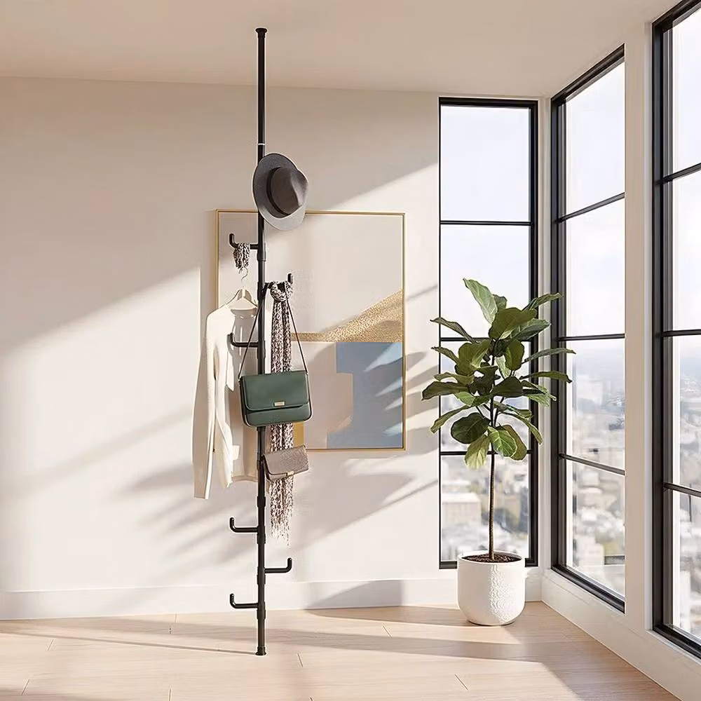 FORGEVIO Black Adjustable No-Drill Tension Clothes Rail with 8 Hooks, Width: 60 cm – 3