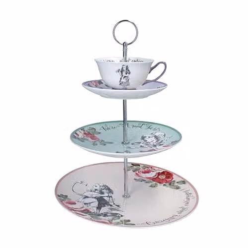 Mikasa and the V&A Alice in Wonderland 3-Tier Cake Stand with Teacup, Multicolour Floral Bone China Afternoon Tea Set