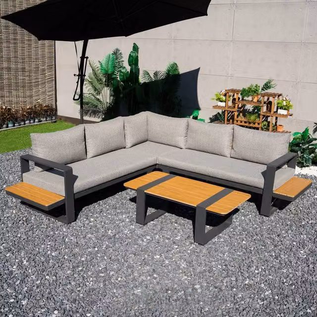 Mimo 4-Piece Modular L-Shape Corner Sofa Set with Outdoor Coffee Table in Grey