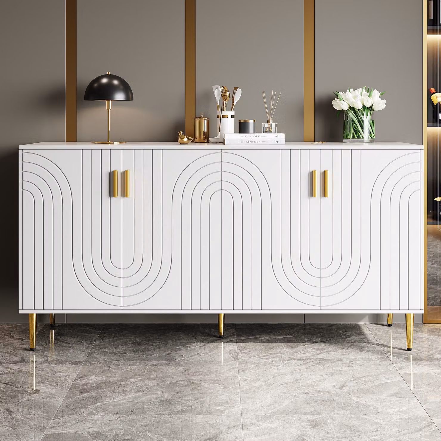 Aosom UK Wave Front Modern White Sideboard with 4 Doors, 2 Drawers and Gold Handles, W/D/H: 152 x 40 x 75 cm – 4
