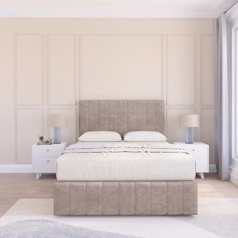 Sloomy California Divan Bed Base in Beige Velvet with 12 inch Footboard and 54 inch Floor Standing Headboard, Size: 120 x 200 cm