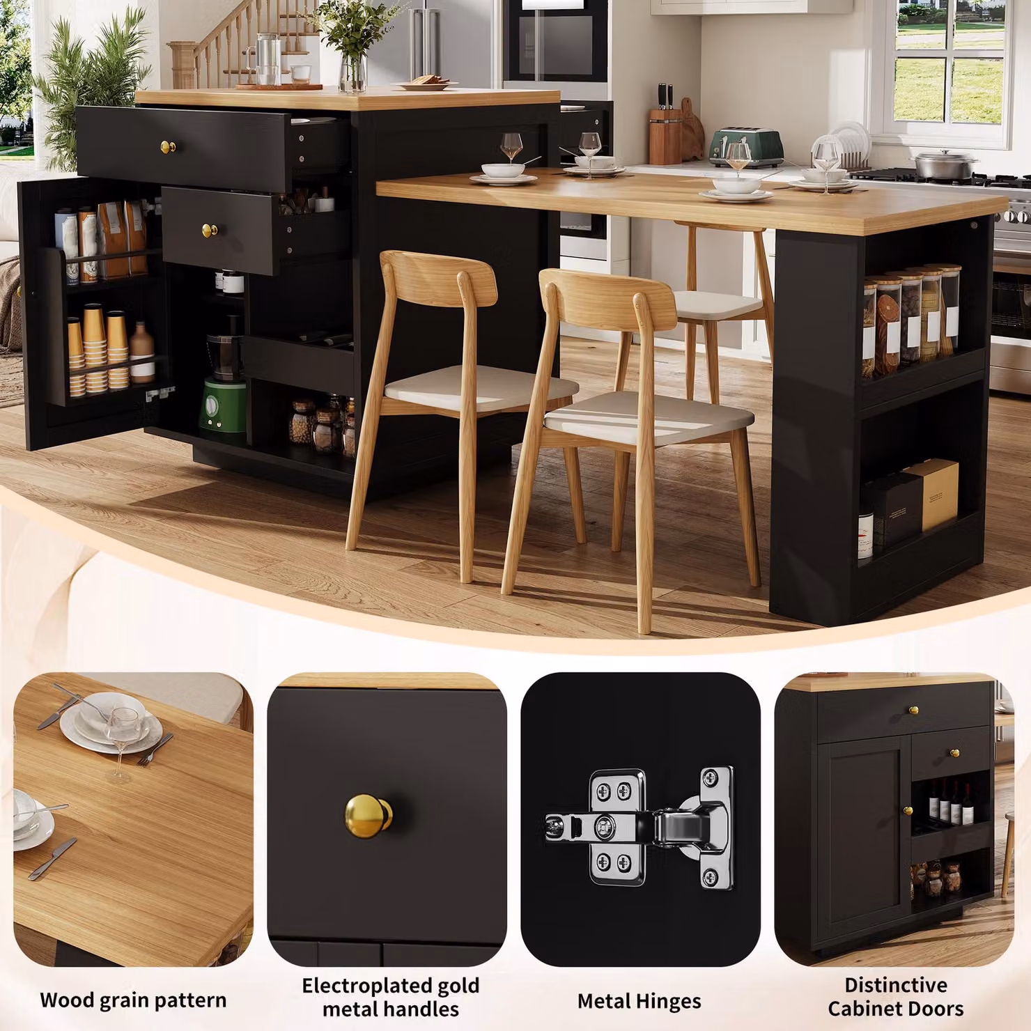 Aosom UK Extendable Kitchen Island with MDF Top and Built-In Wine Rack, Black, W: 195.5 cm, D: 70 cm, H: 94 cm – 5