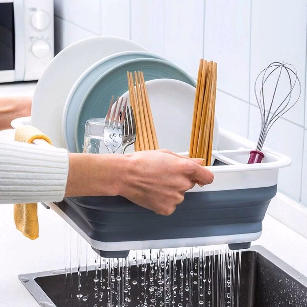 PAWNORA Foldable Plastic Dish Drying Rack with Drip Tray, Grey – 3