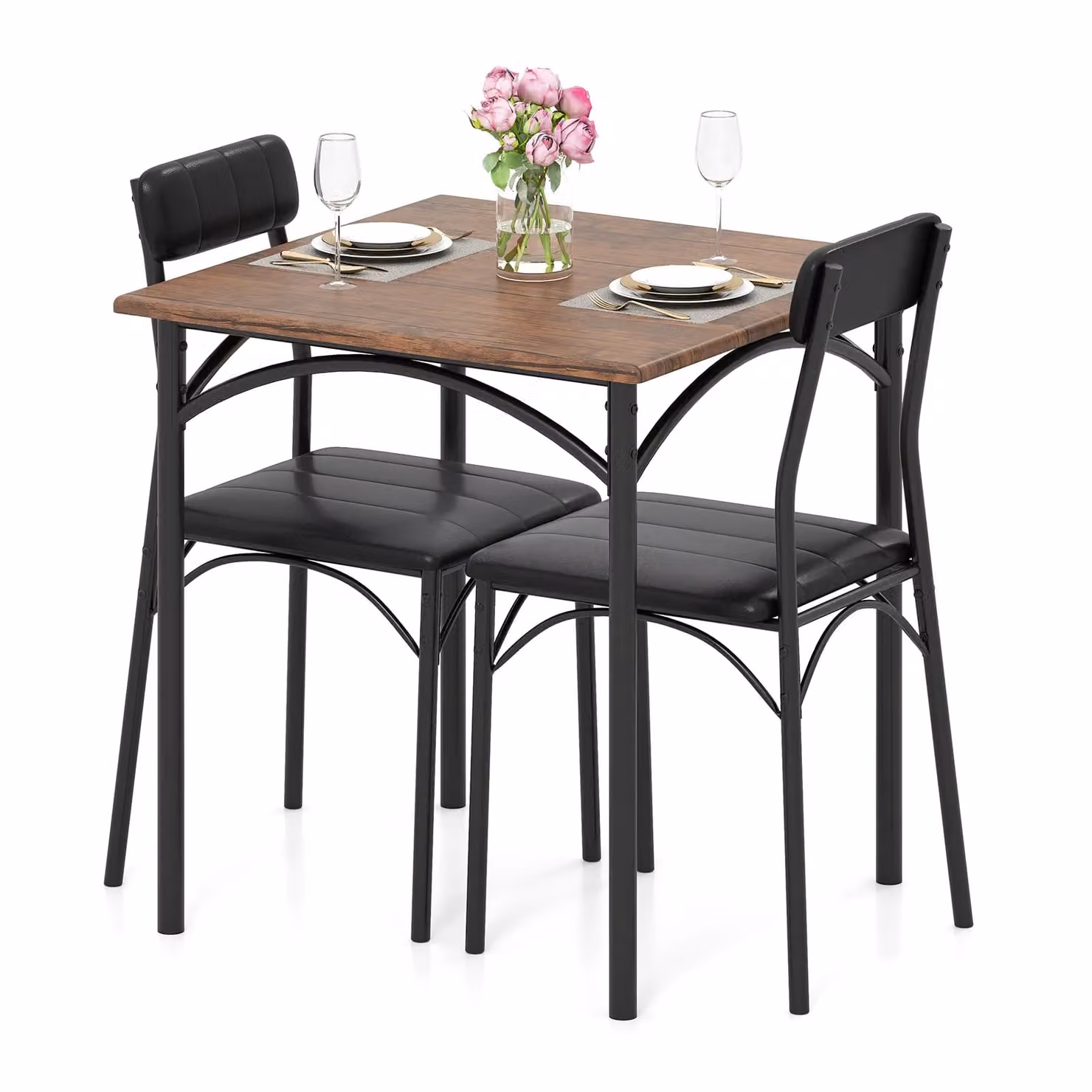 Gymax 3-Piece Dining Set Featuring a Square Table and 2 Upholstered Armless Chairs in Brown and Black – 2