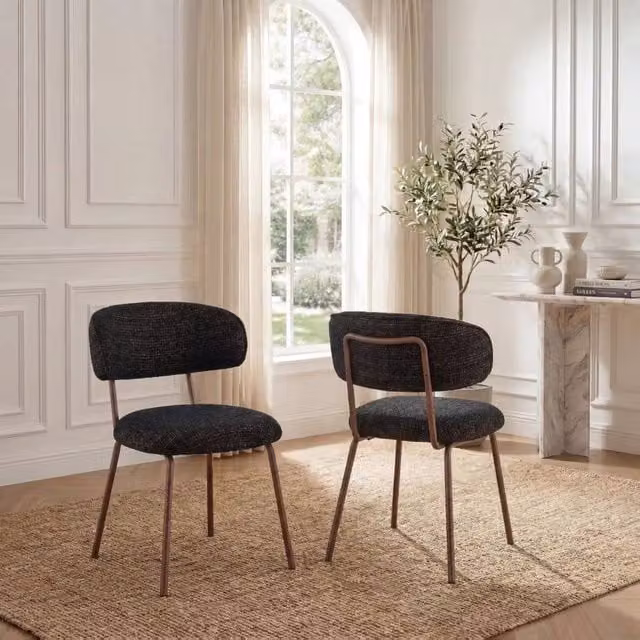 SONARA Set of 2 Mid-Century Dining Chairs with Armrests in Black Linen Fabric and Metal – 1
