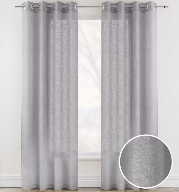 Tyrone Textiles Pair of Plain Silver Linen-Look Sheer Voile Eyelet Panels, Width: 229 cm