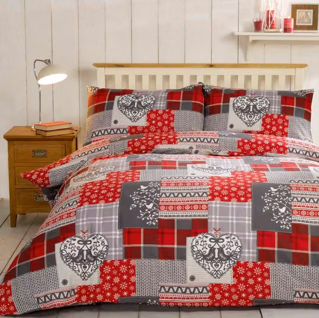 Rapport Home Alpine Patchwork Flannelette Duvet Cover and Pillowcase Set in Red, Grey and Multicolour, W: 140 cm, L: 200 cm – 1