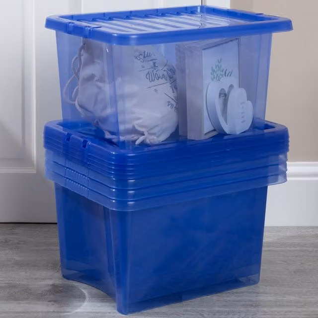 Wham Crystal Stackable Plastic Storage Boxes with Lids, 28 l, Set of 5, Spectrum Blue