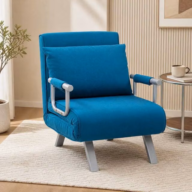 STILVORA Blue Microfibre Chair Bed with Adjustable Back and Metal Frame