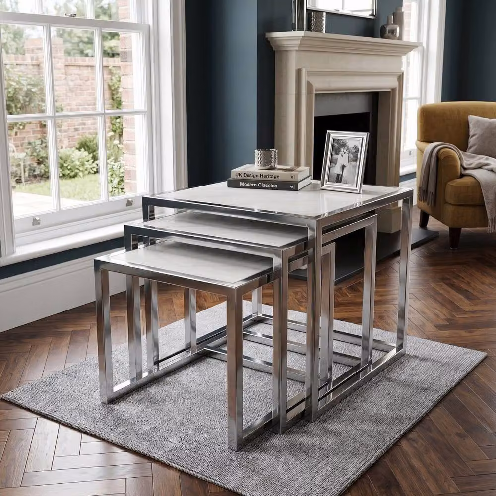 Home Luxe Interior Massa Silver Nest of 3 Modern Square Tables with White Marble Tops – 4