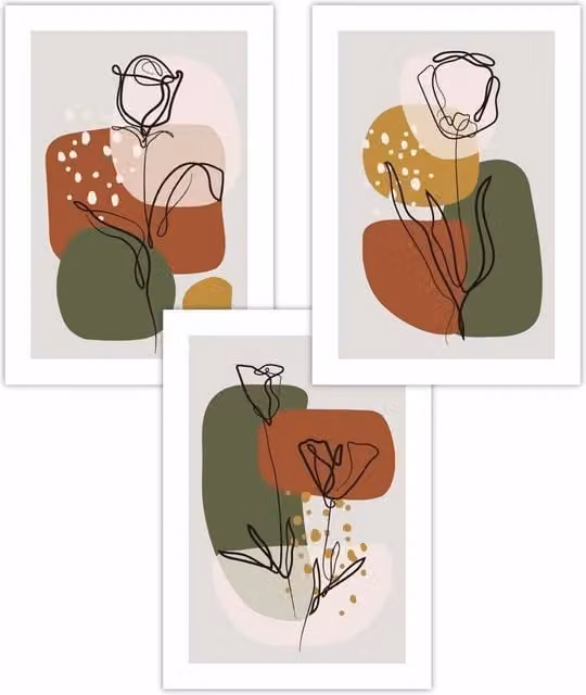 ARTZE Set of 3 Autumn Floral Line Art Boho Abstract Posters, Green and Yellow, W: 42 cm x H: 59 cm