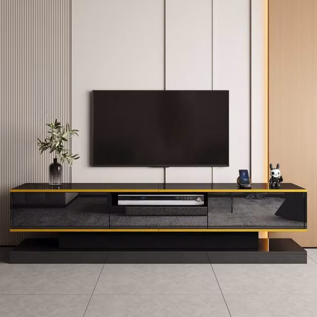Merax Modern High Gloss TV Cabinet in Black and Gold with Integrated LED Lighting and 3 Drawers, W: 180 cm, D: 45 cm, H: 180 cm – 1