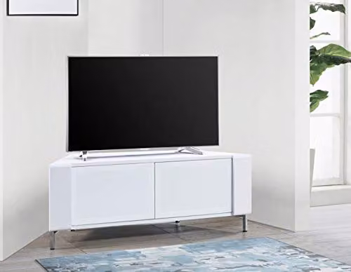 MDA Designs CORVUS Gloss White Contemporary Corner-Friendly TV Cabinet with BeamThru Glass Doors, W/D/H: 120 x 45 x 48 cm – 2