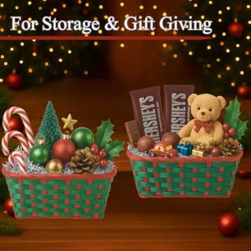 Almineez Set of 2 Bamboo Christmas Hamper Baskets in Red and Green, Rectangular Open Weave Storage Baskets – 6
