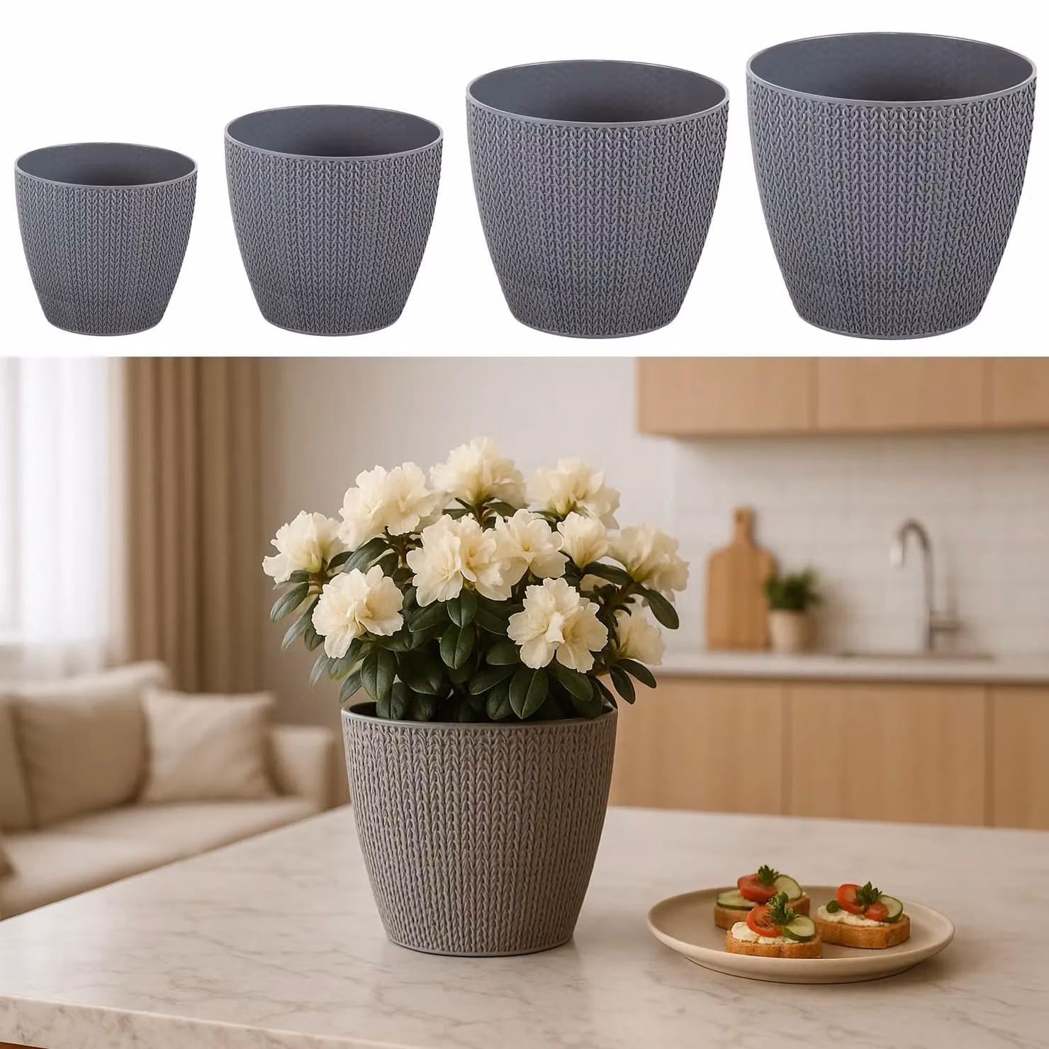 Gr8 Garden Set of 4 Grey Sumela Knitted Flower Plant Pots – 4