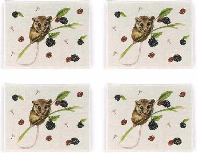 Purely Home Dormouse and Berries Floral Linen Placemats, Set of 4, White and Multicolour