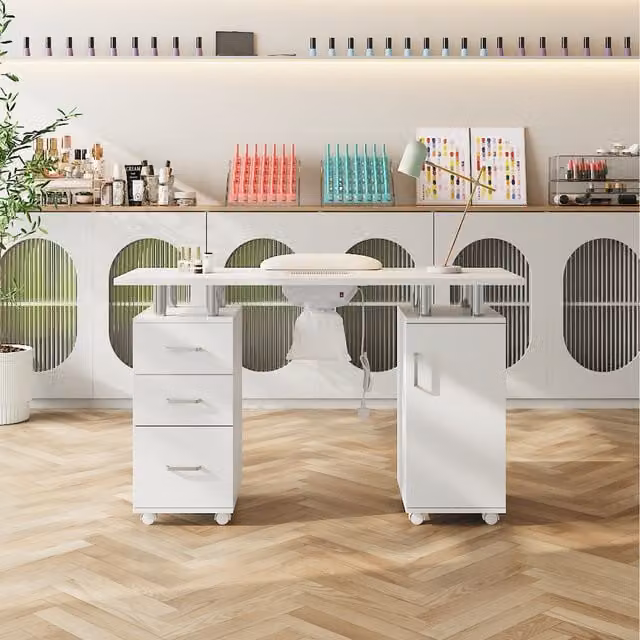 Livingandhome Mobile Manicure Table with Dust Collector in White
