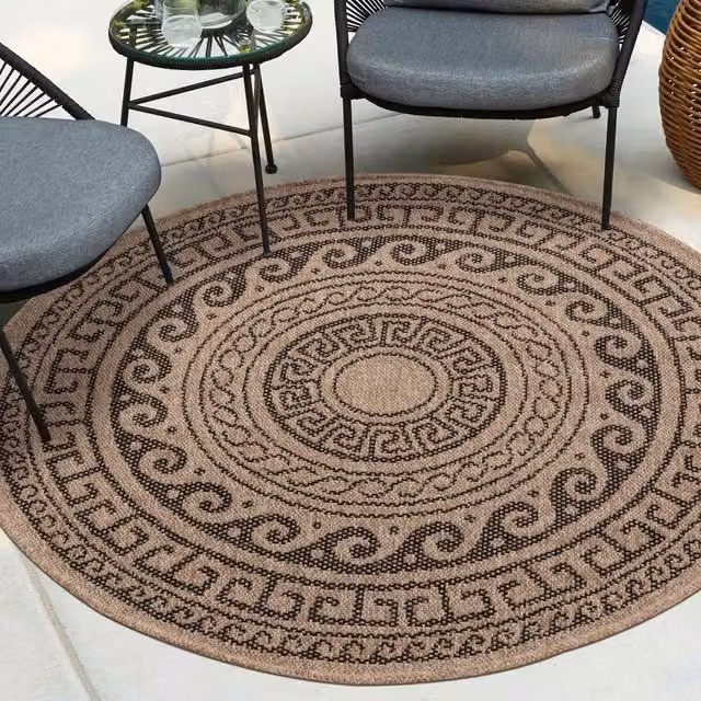Desire Rugs Modern Geometric Round Waterproof Indoor-Outdoor Rug, Black, Diameter: 120 cm